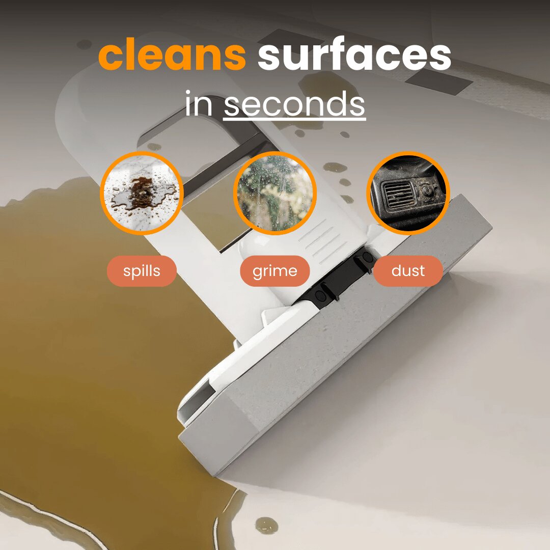 Cleaning device with text 'cleans surfaces in seconds' and images of spills, grime, and dust on a surface.