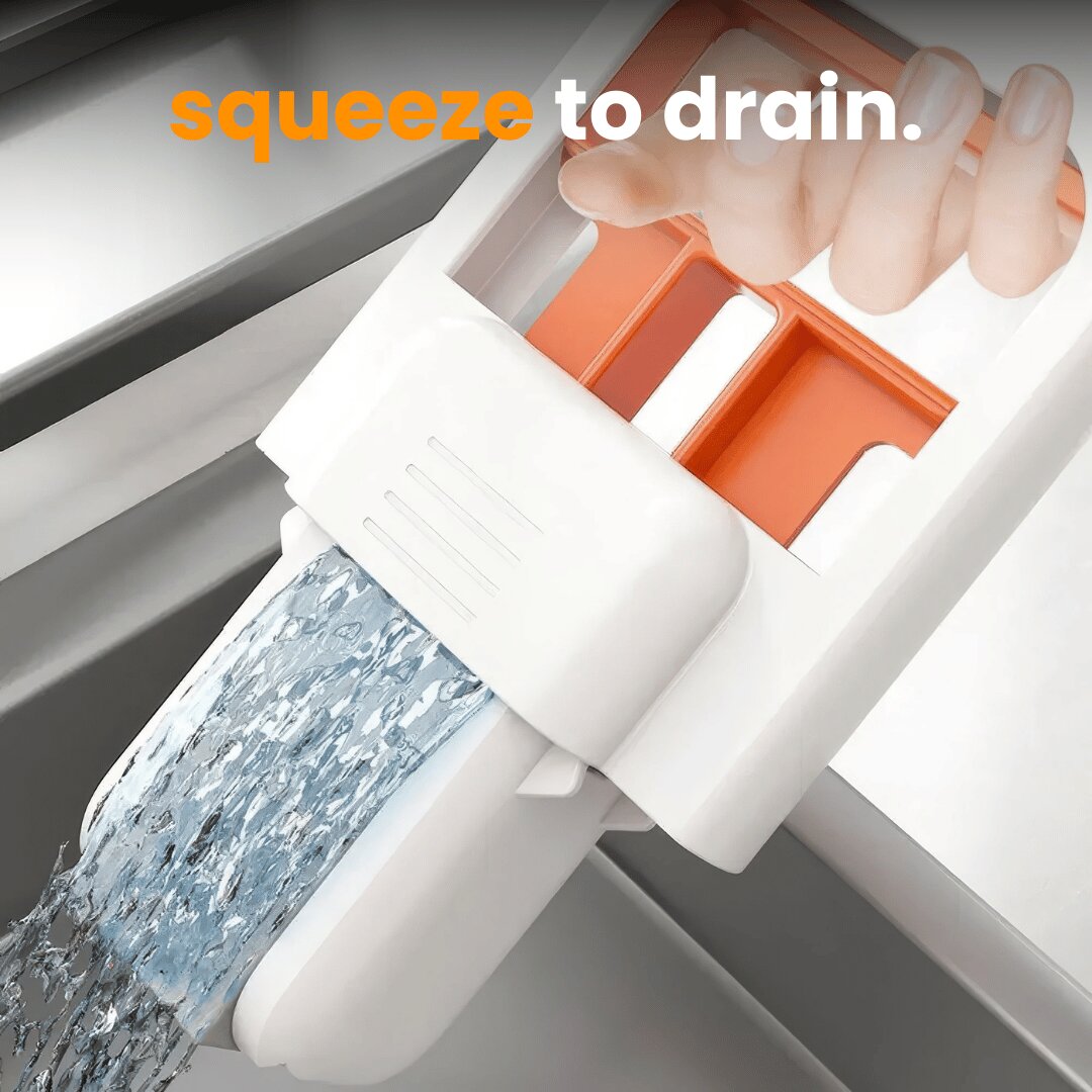 Window cleaning tool with water being squeezed out, labeled 'squeeze to drain'.
