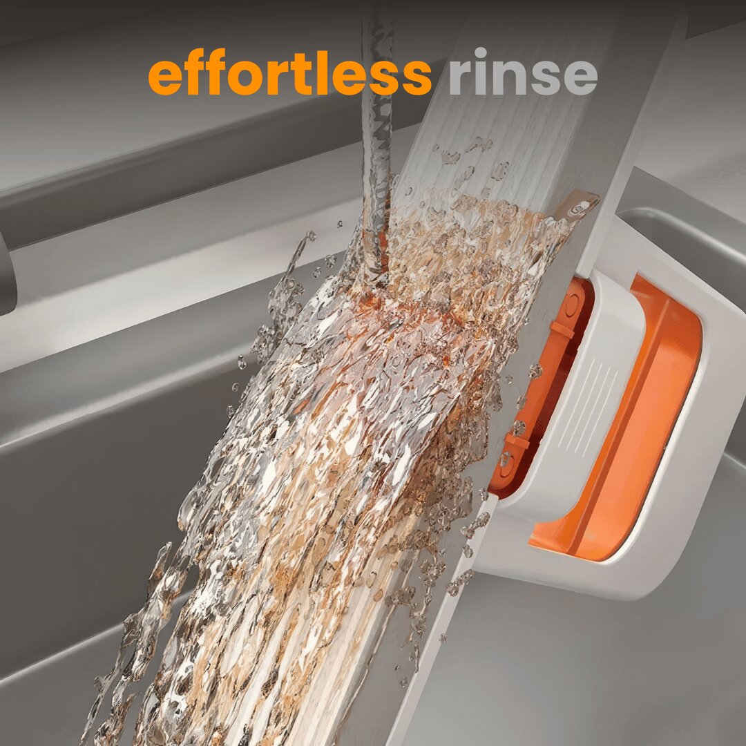 Cleaning device with water splashing around it, labeled 'effortless rinse'.